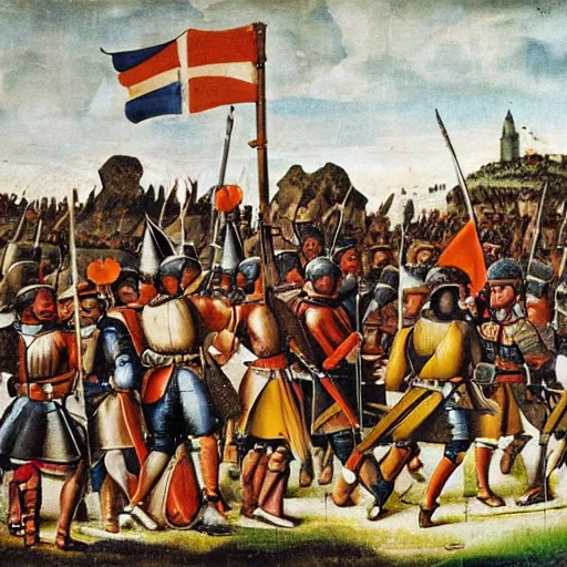 Image similar to Battle of Pavia in 1525, Landsknecht vs Swiss pikemen, medieval painting