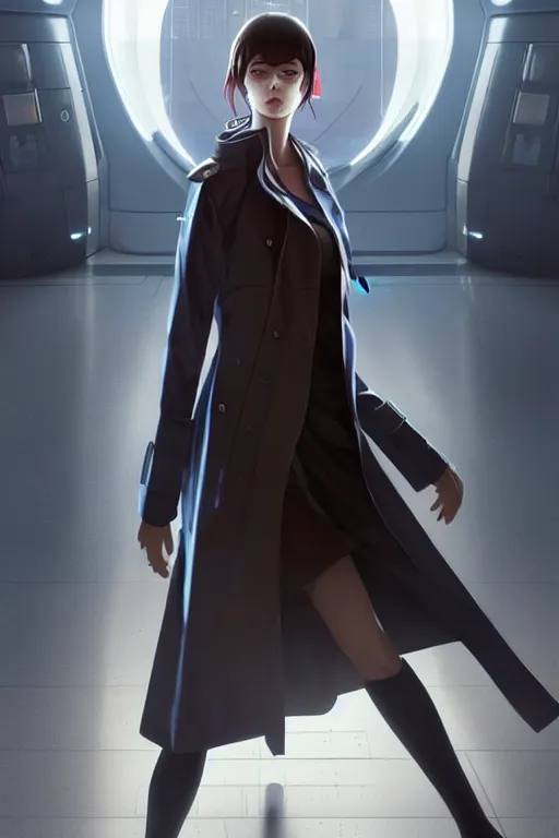 Image similar to realistic render of a cyborg - girl wearing a long trench coat by ross draws, futuristic dystopian city by ilya kuvshinov, digital anime art by ross tran, composition by sana takeda, lighting by greg rutkowski