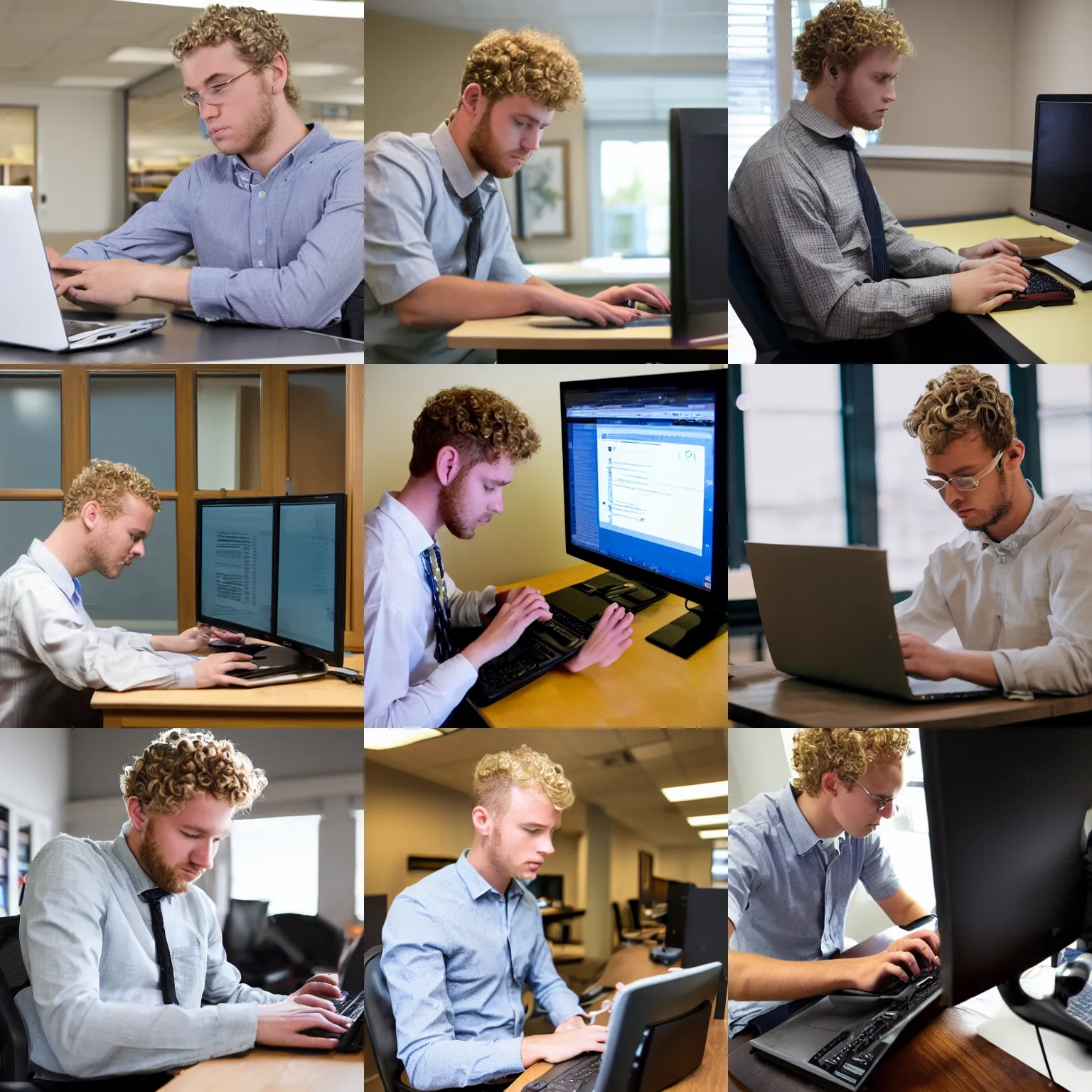 Prompt: a curly blonde haired guy named Jeffrey works diligently on his computer