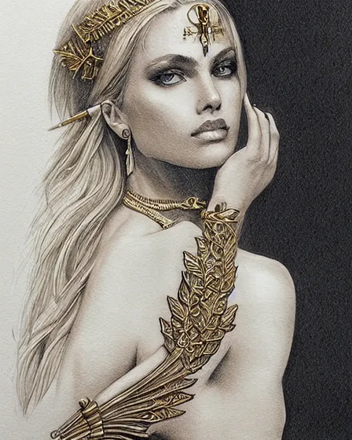 Image similar to tattoo design sketch of hot blonde super model as aphrodite greek goddess wearing a gold laurel wreath and triangle earrings, beautiful piercing gaze with sharp pupils, in the style of greg rutkowski, fantasy, amazing detail, epic, elegant, smooth, sharp focus, front view