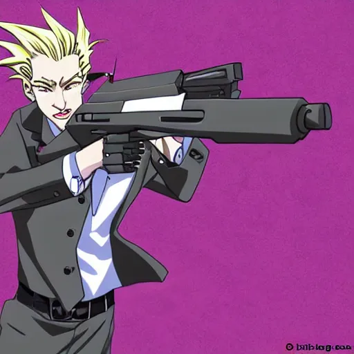 Image similar to kira yoshikage with a gun, high quality anime art