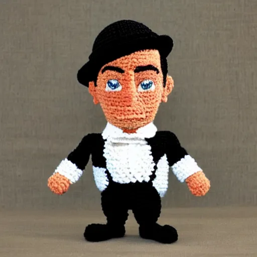 Image similar to buster keaton made of yarn, crocheted caricature of buster keaton, photorealistic, soft, cute, trending on artstation