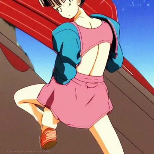 Image similar to a beautiful! boyish! natalie portman bulma from dragonball, alluring gravure! model, wearing hip hop mayan bomber jacket and leotard with native style overalls, bulky poofy bomber jacket with mayan patterns, guilty gear art style, trending on pixiv, painted by makoto shinkai takashi takeuchi studio ghibli, akihiko yoshida