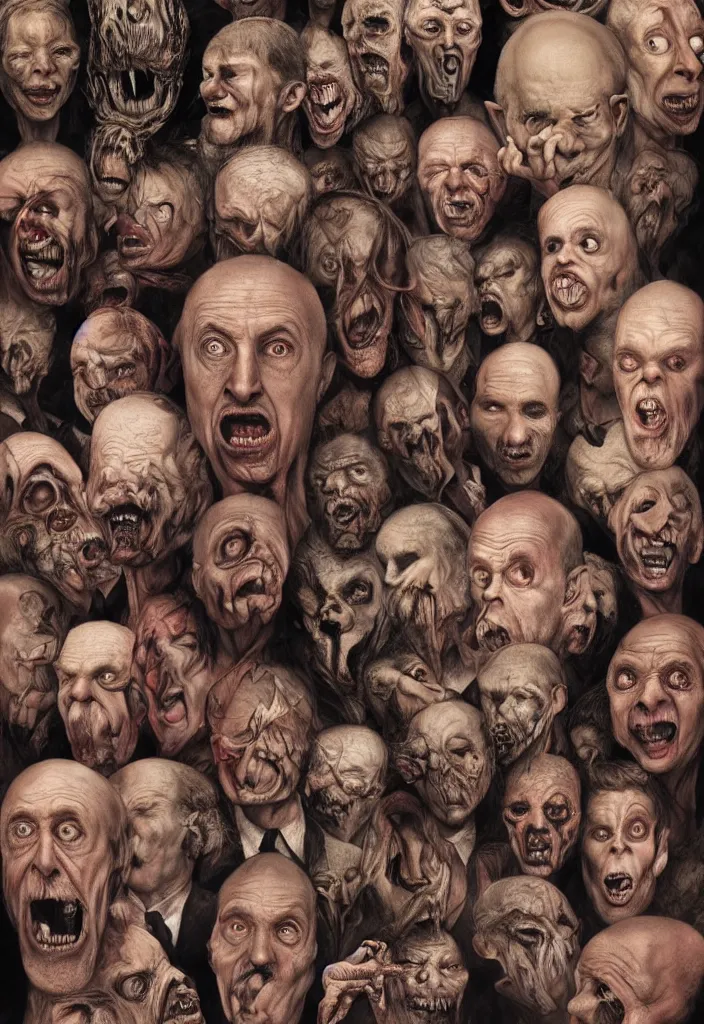 Prompt: many different faces on one man's head, portrait, horror, very detailed, 3 d character concept, extremely photorealistic, intricate, rendered in octane, hyperrealism, 8 k resolution, by jan svankmajer & henry fuseli & otto rapp & zdzisław beksinski & fra angelico & jeff christensen,