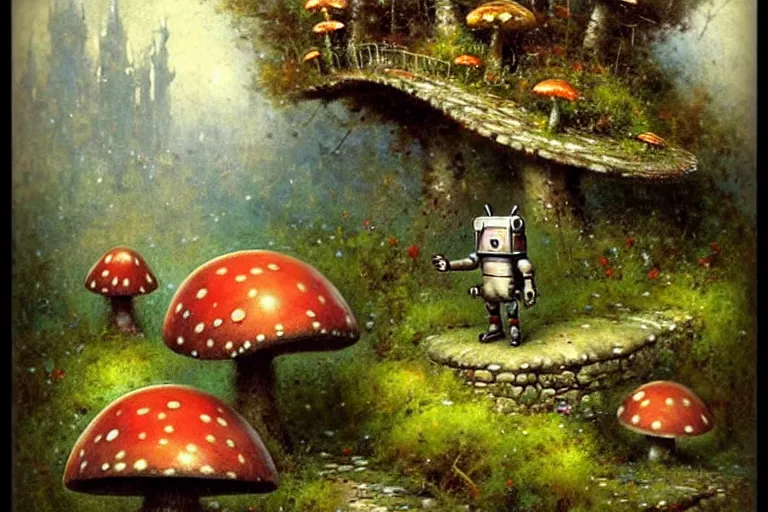 Image similar to adventurer ( ( ( ( ( 1 9 5 0 s retro future robot android mouse in forrest of giant mushrooms, moss and flowers stone bridge. muted colors. ) ) ) ) ) by jean baptiste monge!!!!!!!!!!!!!!!!!!!!!!!!! chrome red