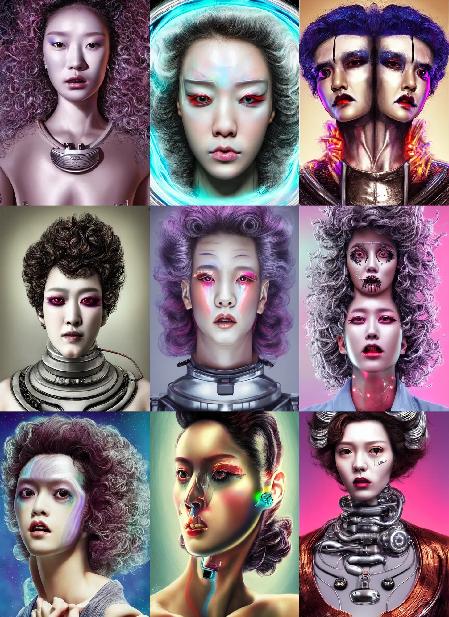 Prompt: korean roccoco android portrait with sci - fi makeup, chromatic skin, silver curly hair, eighties look, retro, beautiful lights, charging plug in the chest, vintage look, painful expression, depth of field, hyper realistic, illustration, airbrush, 8 k, intricate, duo tone, art by david la chapelle and philip castle, artgerm