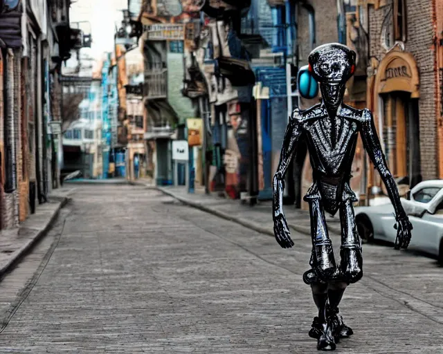 Image similar to a humanoid alien walking along a steampunk city street