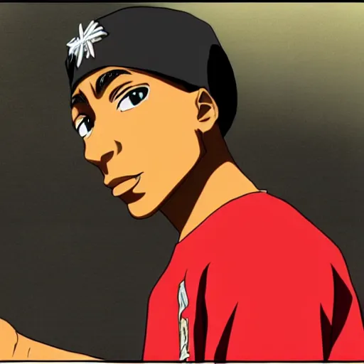 Image similar to Tupac Shakur, screenshot from a 2012s anime