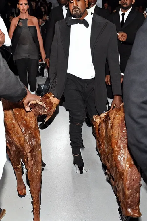 Image similar to kanye west wearing a suit made of steak, runway photo