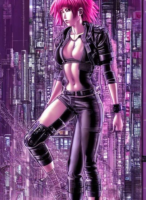 Image similar to motoko kusanagi in grungy cyberpunk megacity, intricate and finely detailed, cyberpunk vaporwave, portrait by j scott campbell