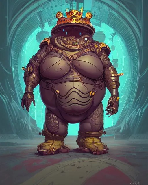 Image similar to a fat slimy anthropomorphic toad king wearing ornate cyberpunk armor, smooth, intricate, elegant, digital painting, artstation, steam, grungy steel, concept art, sharp focus, octane render, illustration, art by josan gonzalez, overwatch character,