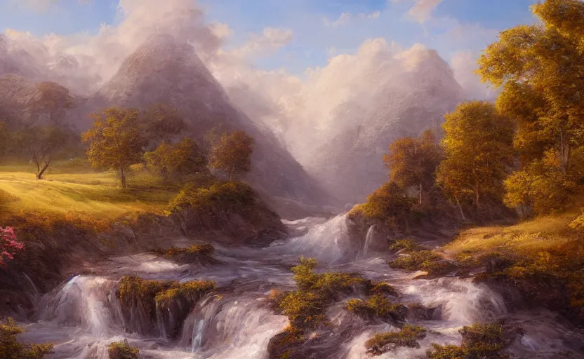 Image similar to highly detailed landscape painting by thomas sanchez, 4k