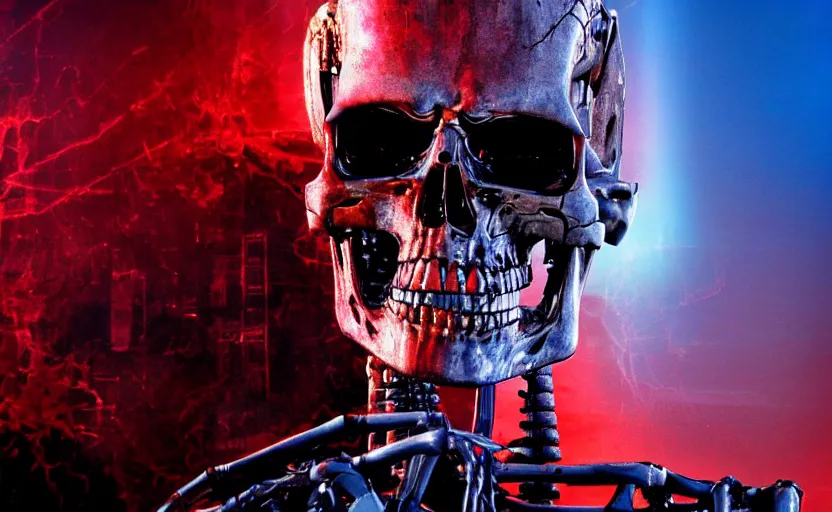 Image similar to terminator skeleton, skynet servers on background. extreme long shot, high detail, low saturated red and blue light, cinematic colors