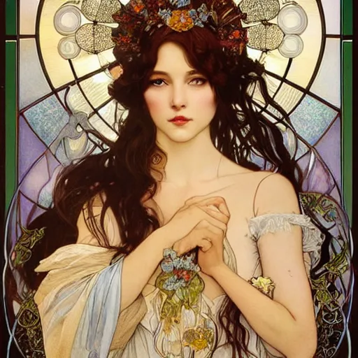 Prompt: realistic detailed face portrait of the beautiful young Queen of Precious Stones with rough crystal point clusters growing out of her hair by Alphonse Mucha, Ayami Kojima, Amano, Charlie Bowater, Karol Bak, Greg Hildebrandt, Jean Delville, and Mark Brooks, Art Nouveau, Neo-Gothic, gothic, rich deep moody colors