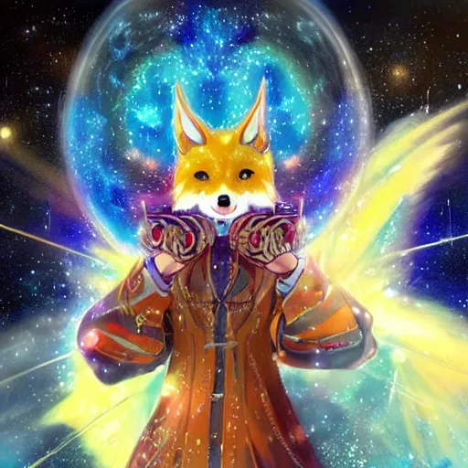 Prompt: portrait from an anime of a humanoid ethereal colorful blue starry spirit fox peacock character with giant golden demonic fangs, wearing star filled mage robes, sitting in an illuminated space observatory at night, art by yuji ikehata, background art by miyazaki, realism, detailed, proper human proportions, fully clothed