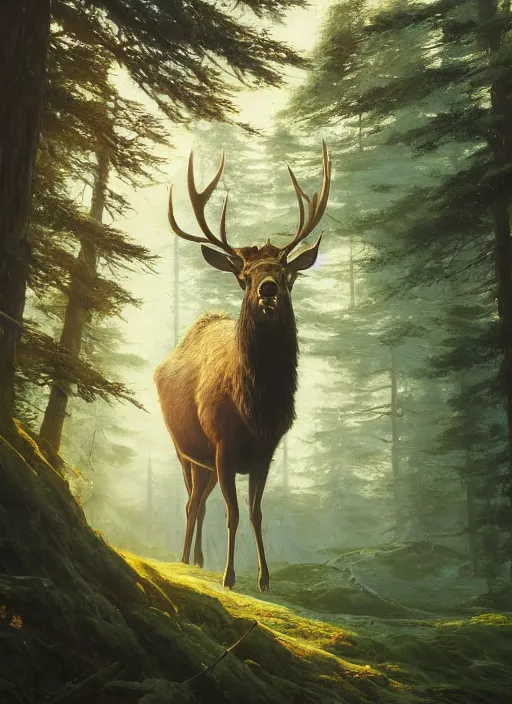 Prompt: a huge elk in an ancient forest, extremely detailed oil painting, unreal 5 render, rhads, sargent and leyendecker, savrasov levitan polenov, bruce pennington, studio ghibli, tim hildebrandt, digital art, landscape painting, octane render, beautiful composition, trending on artstation, award winning photograph, masterpiece