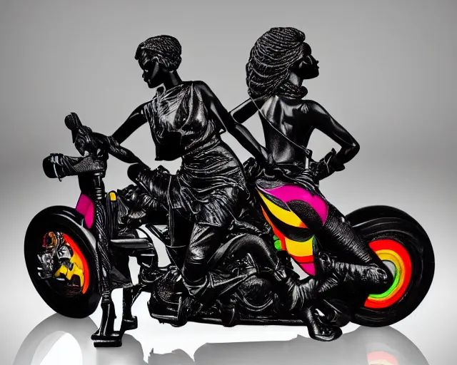 Image similar to very beautiful black marble female statue with colorful motorcycle logos in the style of matthew williams, alyx, givenchy, sharp focus, clear, detailed, cinematic, glamourous, symmetrical, vogue, editorial