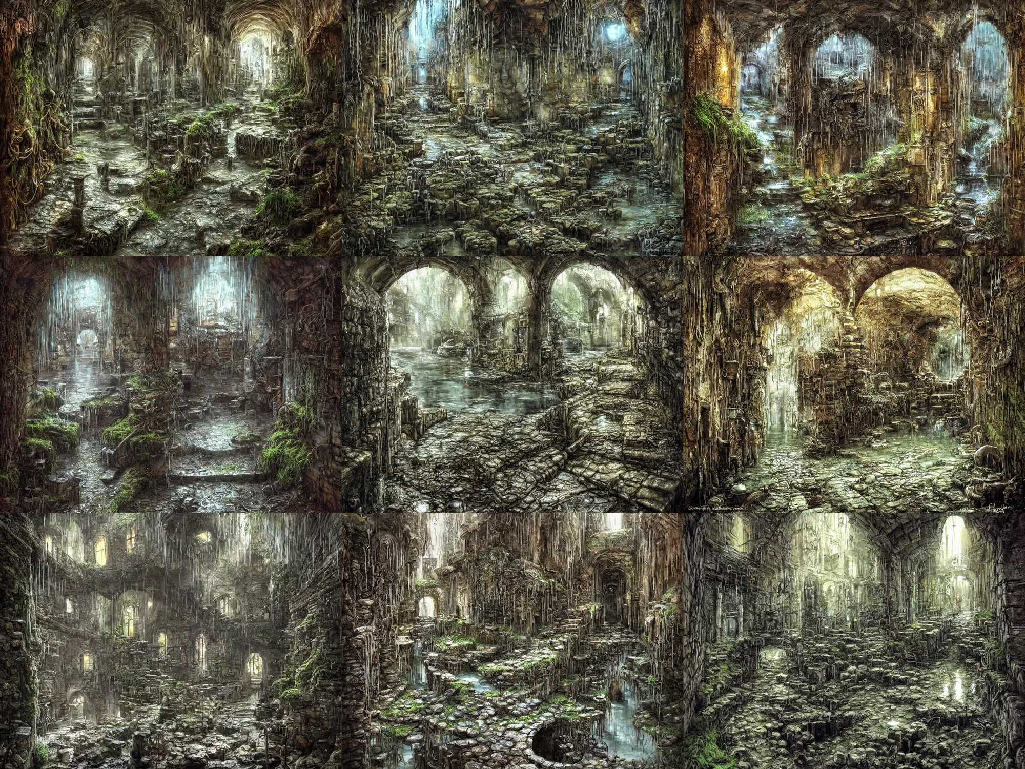 Prompt: inside the ancient flooded sewers in the old part of the city. fantasy art, adventure, dripping water, standing water, channel, stagnant water, waterfall, rivulets, musty, moss, sewage, dark, underground, abandoned spaces, torch - lit. by peter jones and alan lee