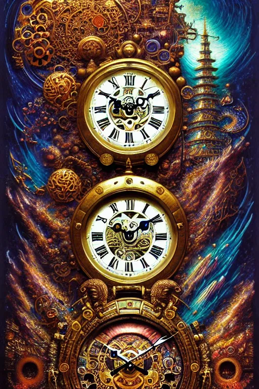 Prompt: intricate horological Japanese clocks james gurney, dan luvisi, Petros Afshar, tim hildebrandt, liam wong, Mark Riddick, thomas kinkade, ernst haeckel, dan mumford, trending on artstation, josephine wall, WLOP, cgsociety by Gediminas Pranckevicius, trending on cgsociety and DeviantArt