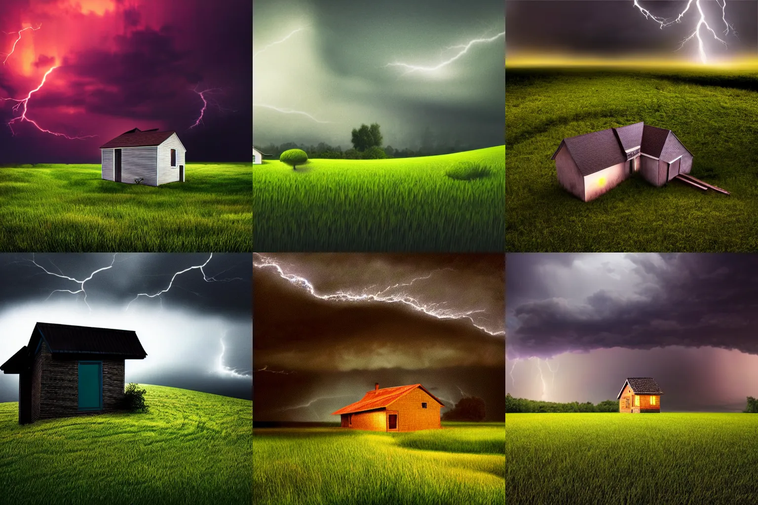 Prompt: grassy landscape with a singular house at night during thunderstorm, dark colors, hyperdetailed, hyperrealistic, professional picture