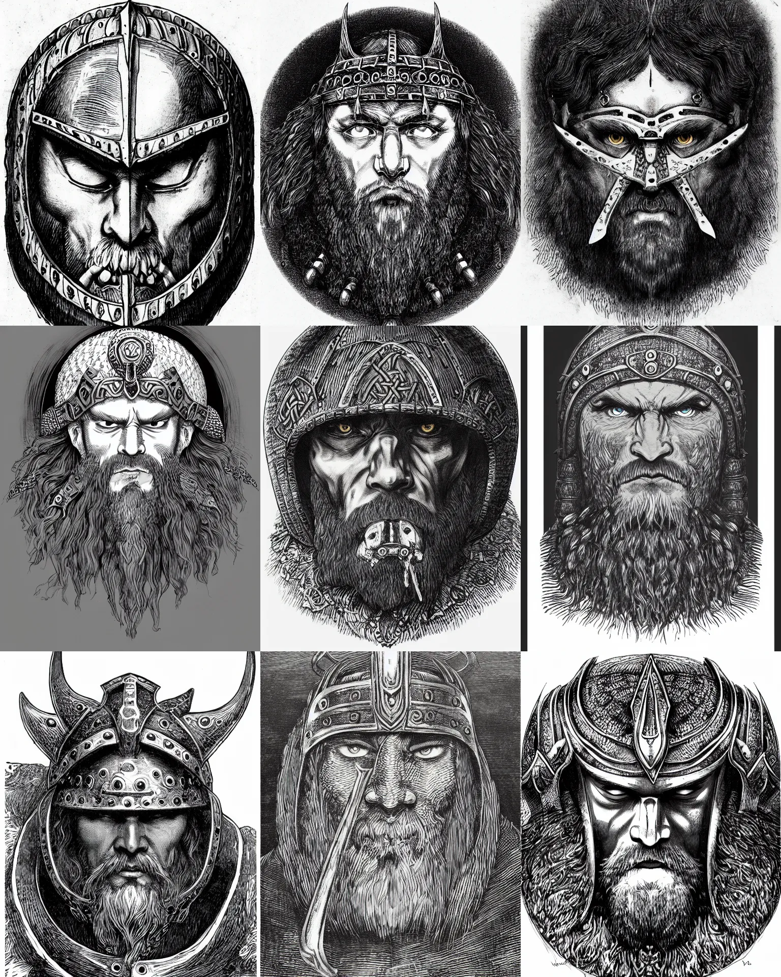 Prompt: detailed circle shape portrait of beared viking wearing a bone armor, front face symmetrical, white background, trending on artstation, by gustave dore kentaro miura, black ink