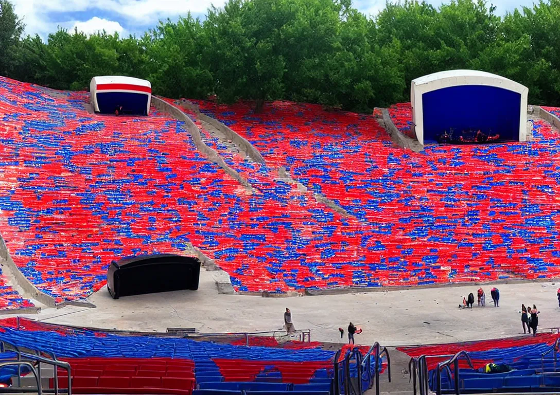 Image similar to Large amphitheater full of people watching a dumpster with a fire inside of it on the stage. Red white and blue themed.