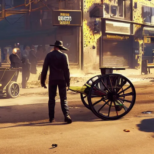 Image similar to Amish man driving his buggy. Cyberpunk 2077. CP2077. 3840 x 2160