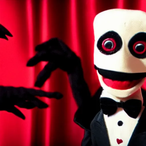 Prompt: puppet master in tuxedo behind a red curtain, capitalism, dark ambiance, in the style of love death robots