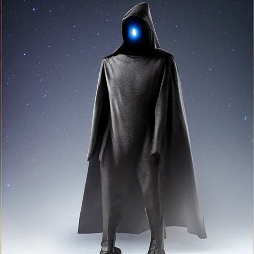 Image similar to award - winning. trending on artstation. 4 k. a faceless robotic figure wearing a hooded cape made of the night sky with 1 dark blue glowing eye on its face. full - body.