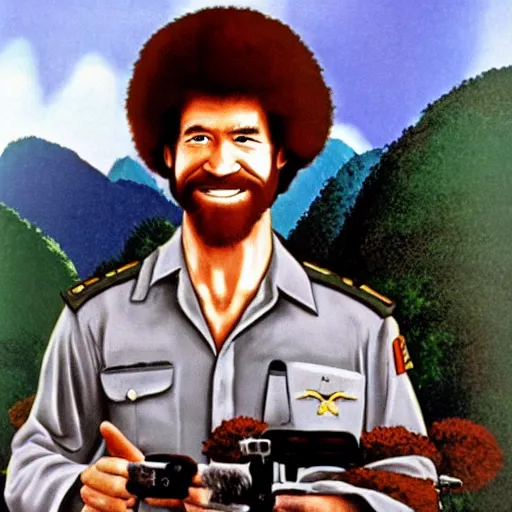 Prompt: Bob Ross in Vietnam Helicopter, Propaganda style