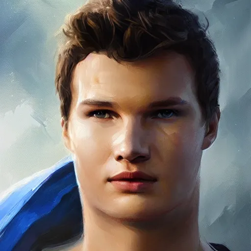 Image similar to portrait of a superhero by greg rutkowski, he looks like ansel elgort, he is wearing a blue and white kevlar gear with a cape, highly detailed portrait, digital painting, artstation, concept art, smooth, sharp foccus ilustration, artstation hq