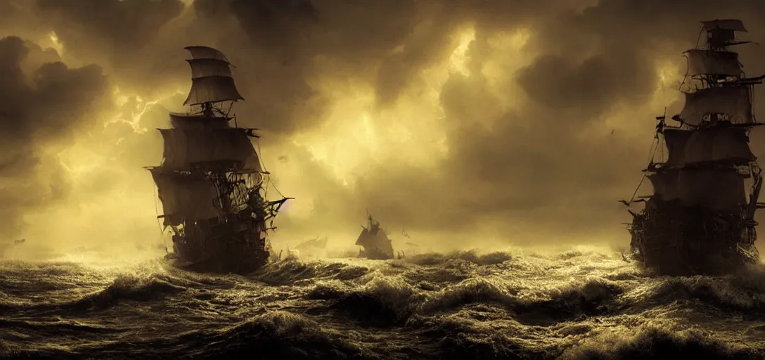 Image similar to wild ocean storm at night, old wooden pirate ship appearing from fog, dramatic lighting, cinematic, establishing shot, extremly high detail, foto realistic, pirates of the carribean, cinematic lighting, post processed, concept art, artstation, matte painting, style by eddie mendoza, raphael lacoste, alex ross