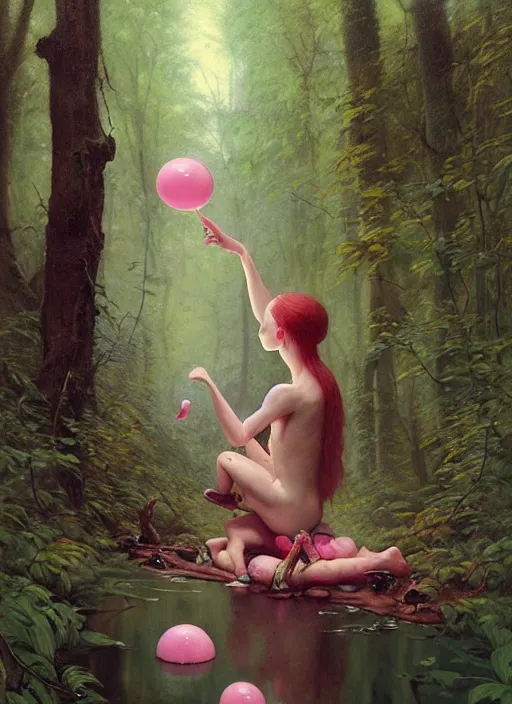 Image similar to bubblegum in the woods by a stream, river gorgeous lighting, lush forest foliage blue sky a hyper realistic painting by chiara bautista and beksinski and norman rockwell and greg rutkowski, tom bagshaw weta studio, and lucasfilm