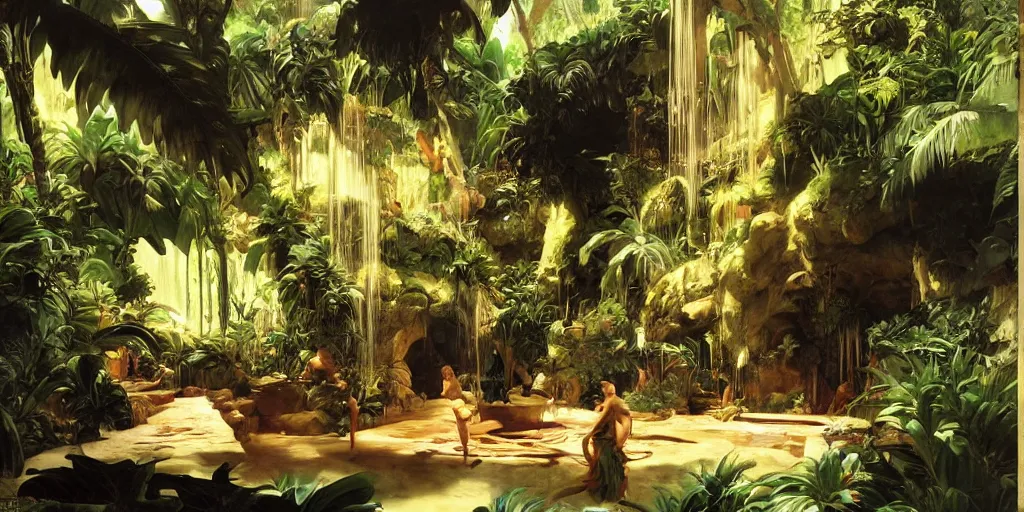 Image similar to a tropical cave that renovate as a luxury interior by syd mead, frank frazetta, ken kelly, simon bisley, richard corben, william - adolphe bouguereau