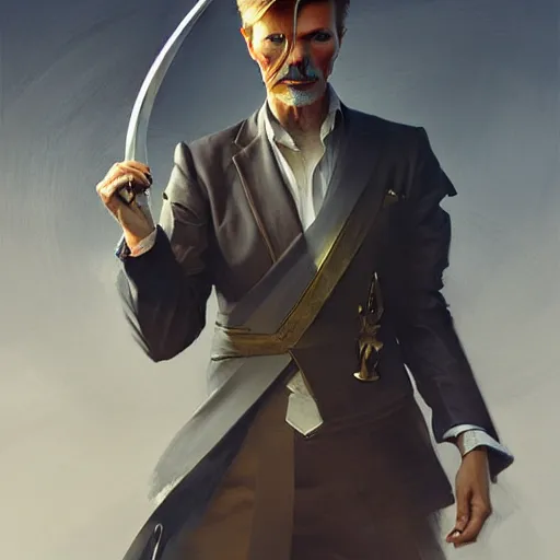 Prompt: portrait of a friendly formal well - groomed david bowie, huge realistic broadsword, elegant, rule of thirds, wide angle, highly detailed, artstation, concept art, matte, sharp focus, art by greg rutkowski, cover by artgerm