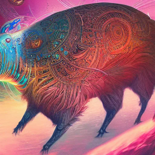 Prompt: hyper detailed ultra sharp, trending on artstation, vibrant aesthetic, bloodwave, colorful, psychedelic, ornate, intricate, digital painting, concept art, smooth, sharp focus, illustration, magical capybara, art by artgerm and greg rutkowski and h. r. giger, 8 k