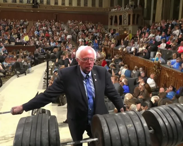 Prompt: bernie sanders deadlifting 200lb barbells in senate chambers during filibuster