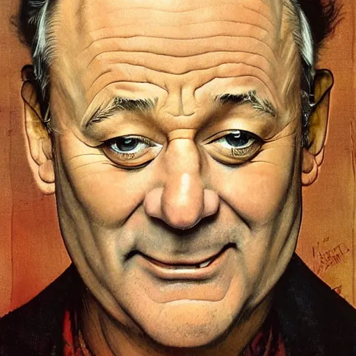 Image similar to Frontal portrait of a smiling Bill Murray. A portrait by Norman Rockwell.