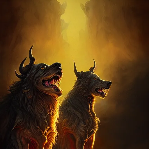 Image similar to majestic terrifying cerberus portrait, gates of hades, atmospheric lighting, painted, menacing, intricate, volumetric lighting, beautiful, rich deep colours masterpiece, golden hour, sharp focus, ultra detailed, by leesha hannigan, ross tran, thierry doizon, kai carpenter, ignacio fernandez rios