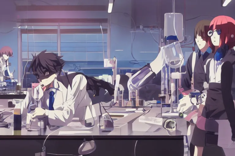 Image similar to anime still of reckless!!! whimsical! trippy scientists in a lab inventing, presentation, scattered tables overloaded with doomsday devices and beakers and test tubes, by makoto shinkai yoshinari yoh ilya kuvshinov