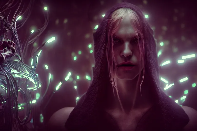 Image similar to an ultra realistic, cinematic, fantasy, portrait, of an evil elf, elden ring, fairy lights, facial features, stood in a supermarket, with futuristic clothing and neon lights, detailed, deep focus, movie still, dramatic lighting, ray tracing, by michal karcz and yoshitaka amano