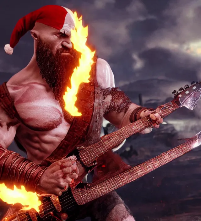 Image similar to rocking kratos shredding on a flaming stratocaster guitar, cinematic render, god of war 2 0 1 8, santa monica studio official media, lightning, stripe over eye