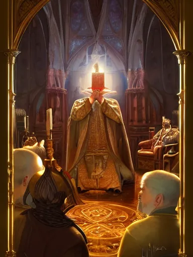 Prompt: the hierophant talking to his congregation intricate, elegant, highly detailed, digital painting, artstation, concept art, sharp focus, illustration, by justin gerard and artgerm, 8 k