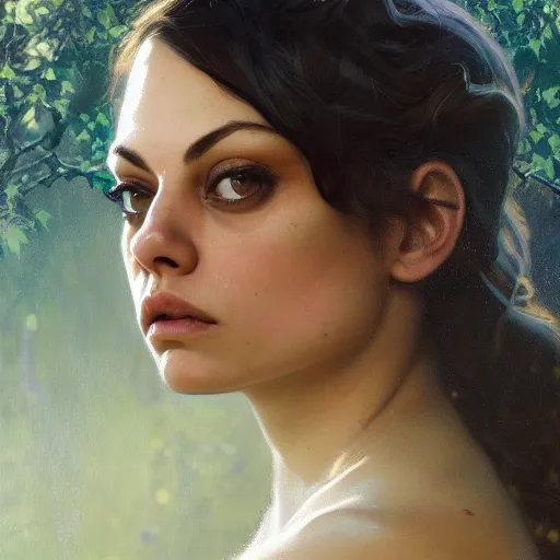 Prompt: a beautiful closeup portrait of mila kunis, magical forest background, serene colors, dramatic light, gorgeous view, depth, high detail, digital art, painted by alphonse mucha and greg rutkowski, trending on artstation