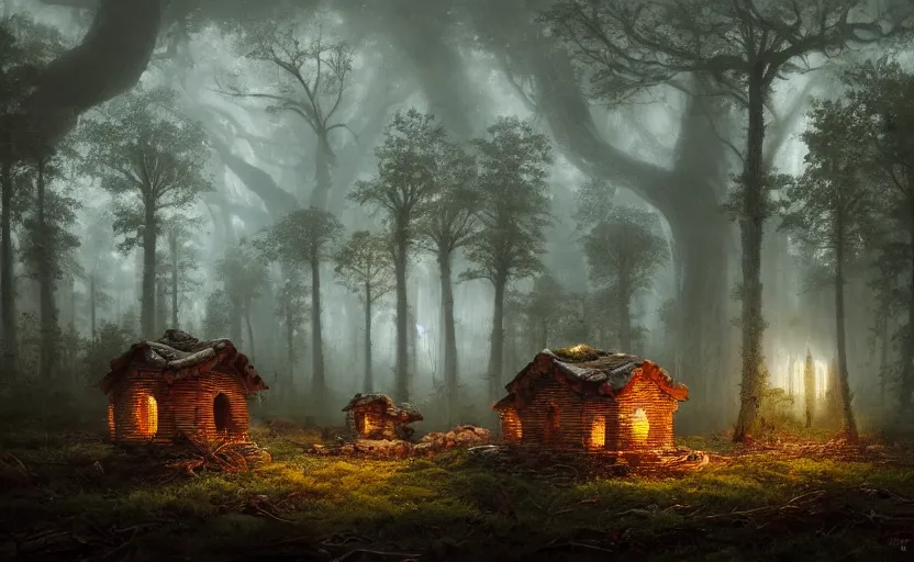 Prompt: A mushroom house close to the camera in the foreground, mushroom houses village in the distance, light coming from the windows, in a dark forest, macro, underexposed, overecast, mysterious matte painting by greg rutkowski and marc simonetti and Ivan Shishkin