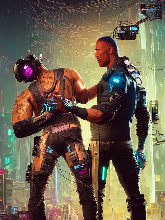 Image similar to a cyberpunk 2077 portrait of Dwayne Johnson holding a female android ,tango pose,complex mess of cables and wires behind them connected to giant computer, love moive,film lighting, by laurie greasley,Lawrence Alma-Tadema,William Morris,Dan Mumford, trending on atrstation, full of color,face enhance, highly detailed,8K, octane,golden ratio,cinematic lighting