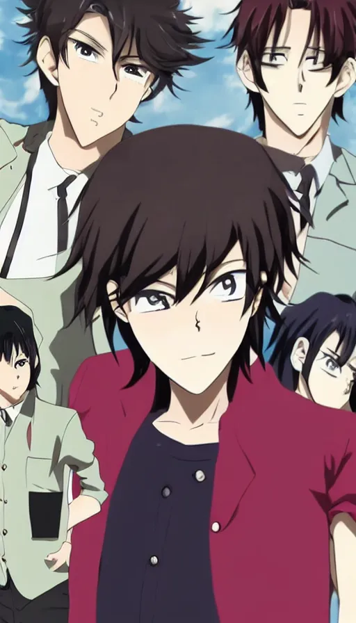 Image similar to spectacularly handsome young man in anime style looking at the camera like he knows that he's handsome