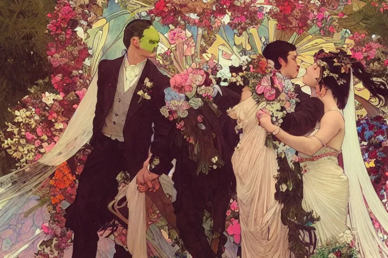 Image similar to the groom kisses the bride at a wedding full of flowers, bright and happy, dreamlike art, highly detail, 4 k realistic, wedding photoy krenz cushart. artem demura. alphonse mucha. yoji shinkawa artgerm. jon lothian. danilo torres. adi meyers. thomas reimann. gaston bussiere.