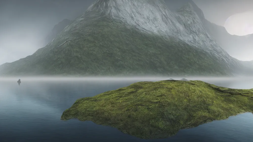 Image similar to forbidden fjord, magical energy, fog, cinematic lighting, photorealistic, hyperdetailed 3D matte painting, hyperrealism, hyperrealistic, 8k ultraHD octane render