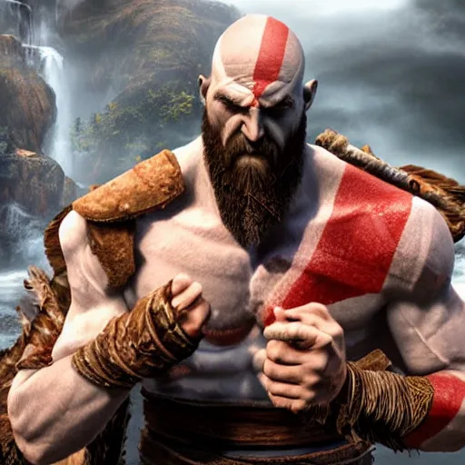 Prompt: kratos the god of war eating a double scoop ice cream